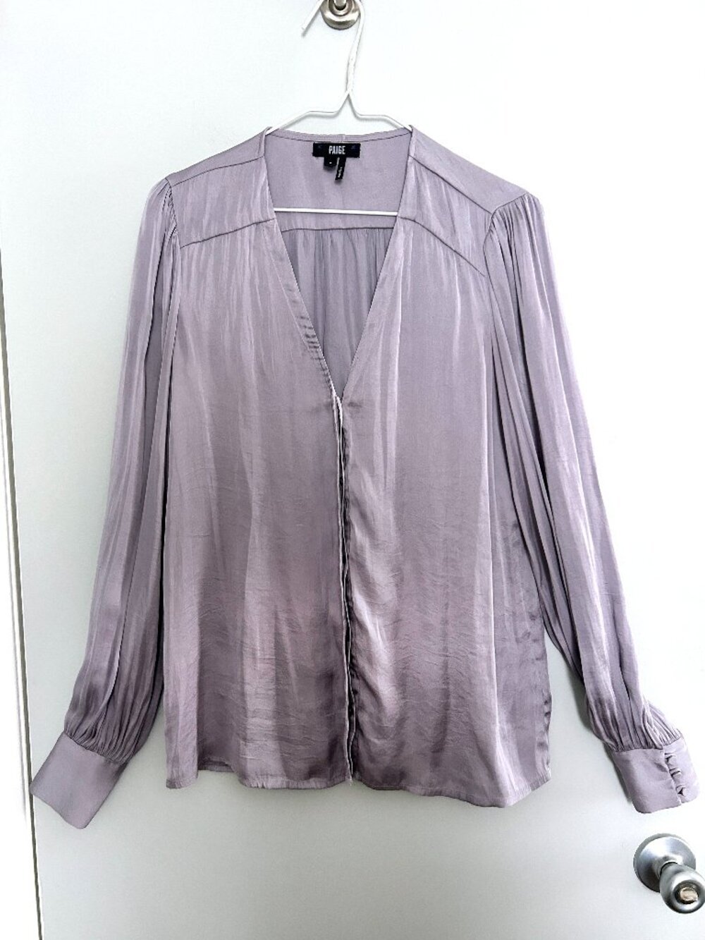 PAIGE Satin Button Down Blouse Lilac Gray Minimalist Silk Feel Top Size S